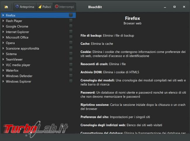 Libera spazio disco fisso aumenta privacy Bleachbit 4