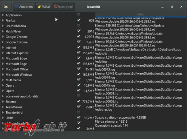 Libera spazio disco fisso aumenta privacy Bleachbit 4