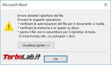 Microsoft Office 2013 l’errore Memoria spazio disco insufficiente