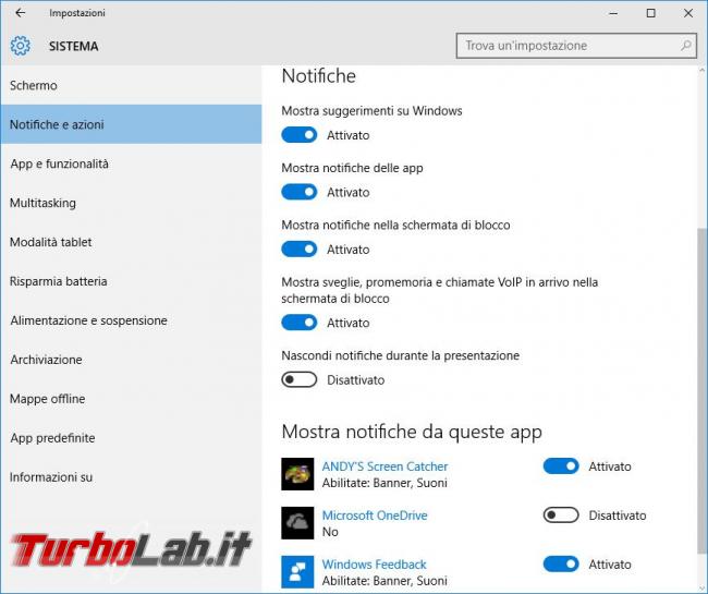 Modificare, disabilitare, popup d’avviso Windows 10