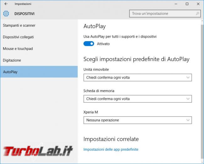 Modificare impostazioni dell’autoplay unità rimovibili Windows 10