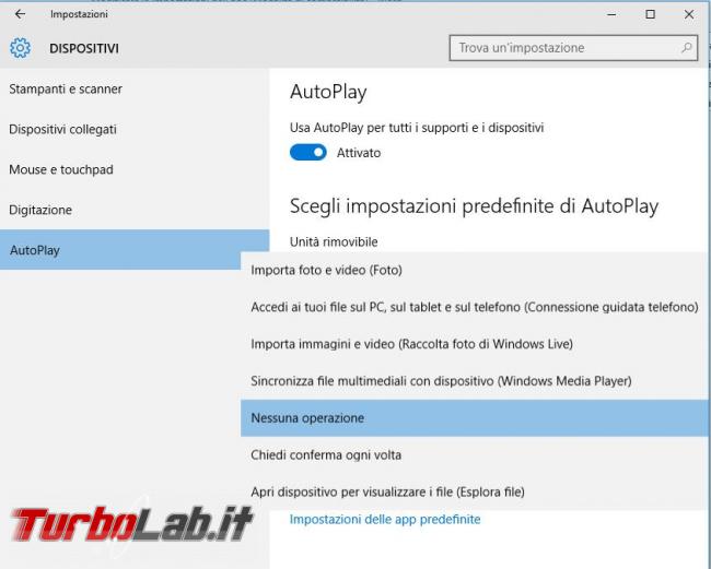 Modificare impostazioni dell’autoplay unità rimovibili Windows 10