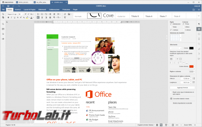 OnlyOffice, suite programmi l’ufficio tab