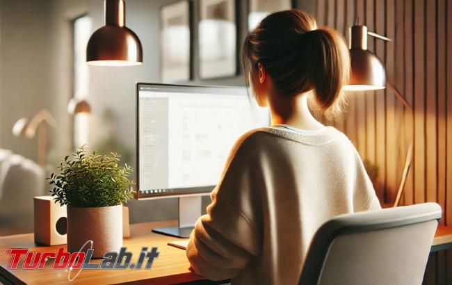 Padroneggiare spazio lavoro digitale: consigli gestione efficiente file - DALL·E 2024-11-29 08.10.27 - A realistic image of a young woman sitting at a computer, viewed from behind. She is working at a modern desk that also has a small potted plant on it