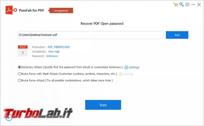 PassFab PDF: sblocca password file PDF accedere facilmente documenti - dictionary-attack