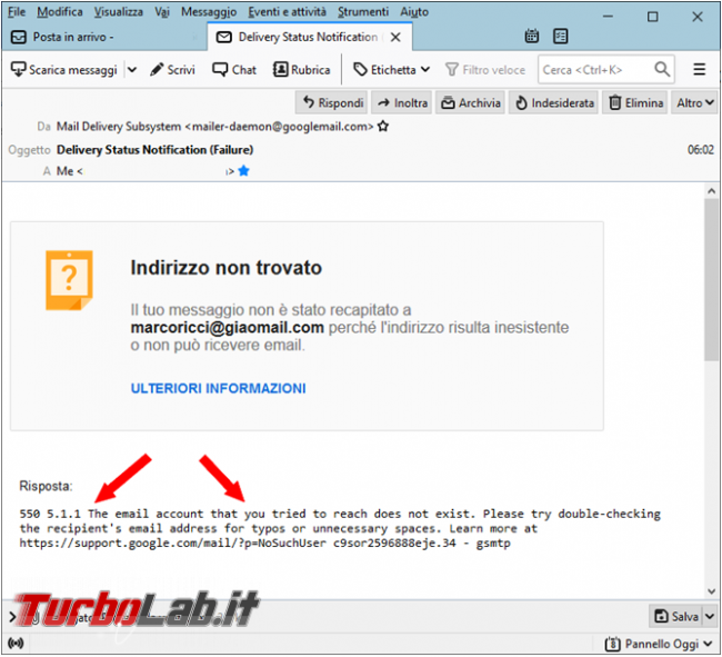 principali messaggi d’errore quando spedite email