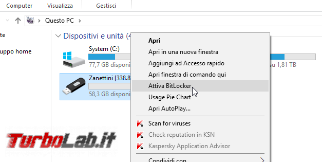 Proteggere password memoria/chiavetta USB, senza installare programmi aggiuntivi: guida BitLocker To Go Windows 10, Windows 8, Windows 7 - Proteggere chiavetta USB con password BitLocker To Go (1)