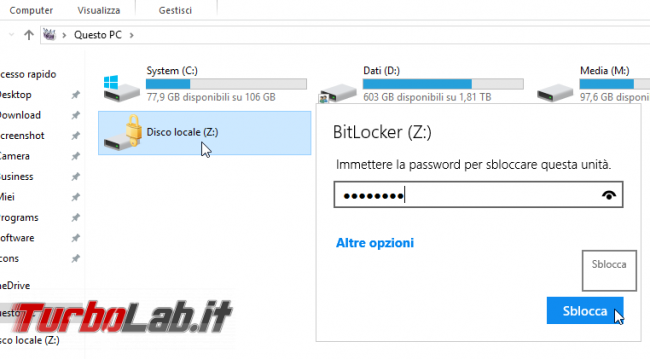 Proteggere password memoria/chiavetta USB, senza installare programmi aggiuntivi: guida BitLocker To Go Windows 10, Windows 8, Windows 7 - Proteggere chiavetta USB con password BitLocker To Go (10)