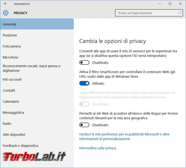Proteggi maggiormente privacy, quando utilizzi Windows 10, limita quantità dati inviati Microsoft
