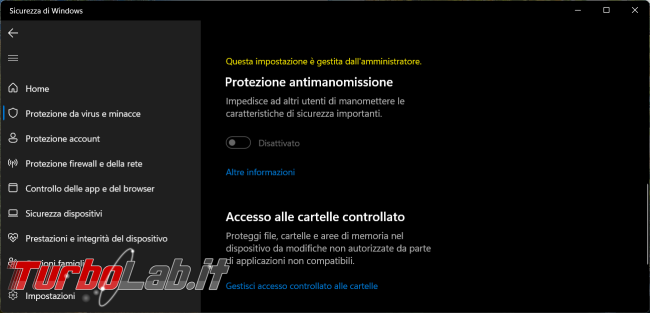 protezione antimanomissione Windows Defender è disattivata ed è gestita dall’amministratore