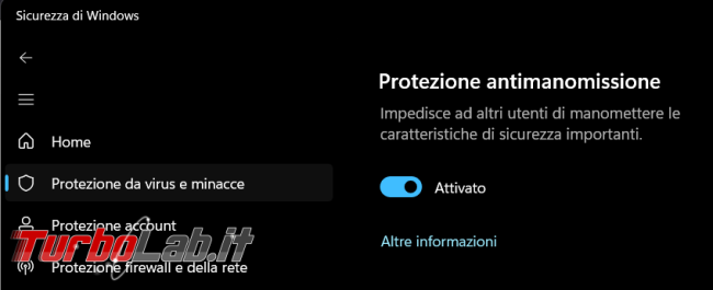 protezione antimanomissione Windows Defender è disattivata ed è gestita dall’amministratore