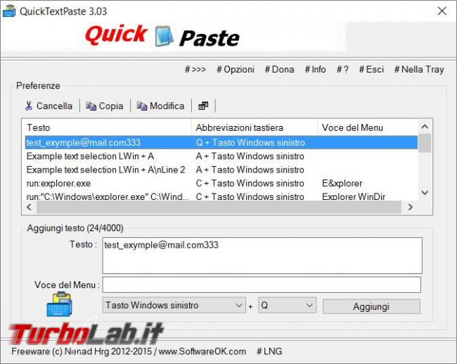 QuickTextPaste permette incollare qualsiasi testo predefinito schermate programmi Windows