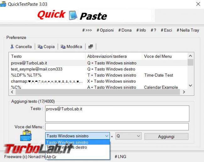 QuickTextPaste permette incollare qualsiasi testo predefinito schermate programmi Windows