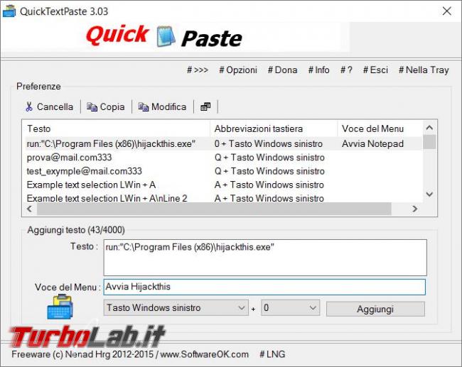 QuickTextPaste permette incollare qualsiasi testo predefinito schermate programmi Windows