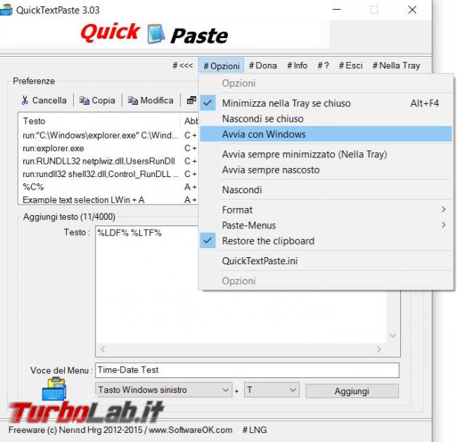 QuickTextPaste permette incollare qualsiasi testo predefinito schermate programmi Windows