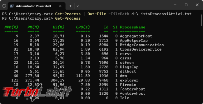 Reindirizzare l’output comando verso file testo PowerShell cmdlet Out-File