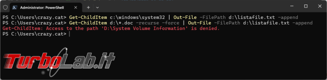 Reindirizzare l’output comando verso file testo PowerShell cmdlet Out-File