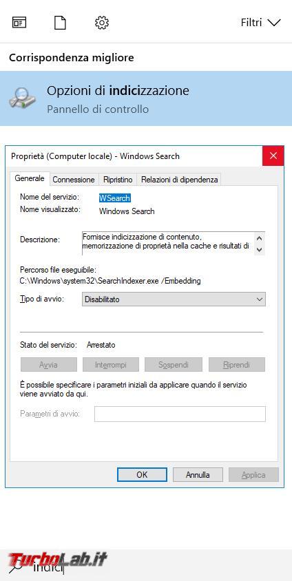 ricerca indicizzazione file Windows, come migliorarla, disabilitarla, seconda necessità
