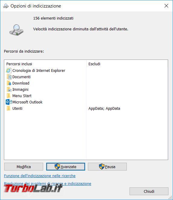 ricerca indicizzazione file Windows, come migliorarla, disabilitarla, seconda necessità