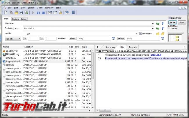 Ricercare file base testo contenuto Agent Ransack