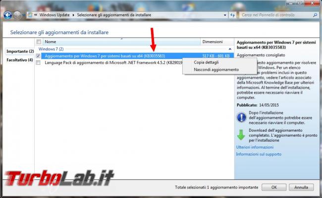 Rimuovere icona avviso dell’aggiornamento Windows 10