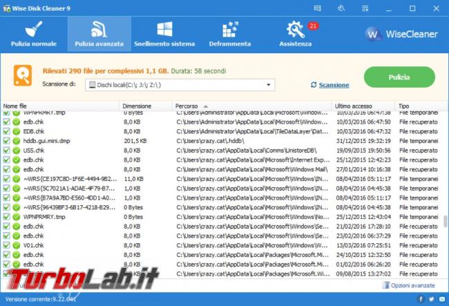 Ripulisci hard disk file inutili Wise disk Cleaner