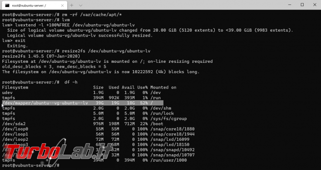 [risolto] Ubuntu, spazio disco esaurito (no space left on device): partizione ubuntu--vg-ubuntu--lv è più piccola disco fisso! Come ridimensionare risolvere senza reinstallare?