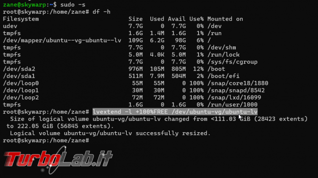 [risolto] Ubuntu, spazio disco esaurito (no space left on device): partizione ubuntu--vg-ubuntu--lv è più piccola disco fisso! Come ridimensionare risolvere senza reinstallare?