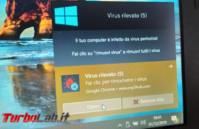 [risolto] Windows 10, notifica Virus rilevato non si chiude Google Chrome non si apre: come toglierla mezzo ripulire PC? - IMG_20191201_104125