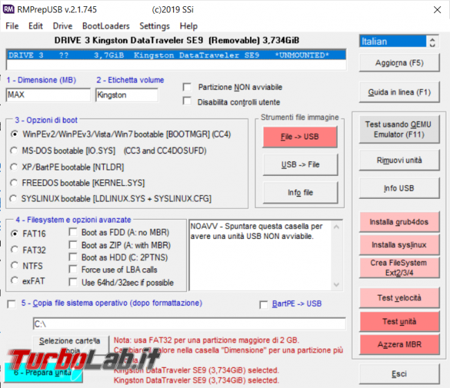RMPrepUSB permette formattare, verificare rendere avviabile pendrive
