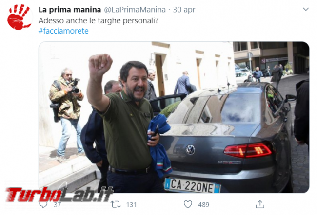 Salvini targa CA220NE: storia fotomontaggio mal riuscito - FrShot_1596721841