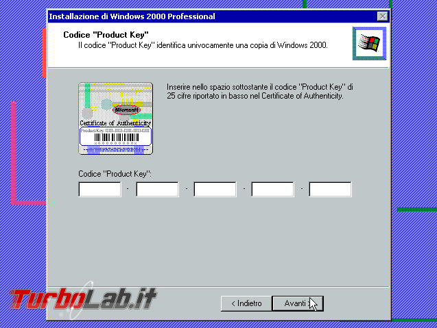 Scaricare Windows 2000 CD/ISO italiano: download diretto ufficiale (edizione Professional Service Pack 4, MSDN) - windows 2000 setup product key