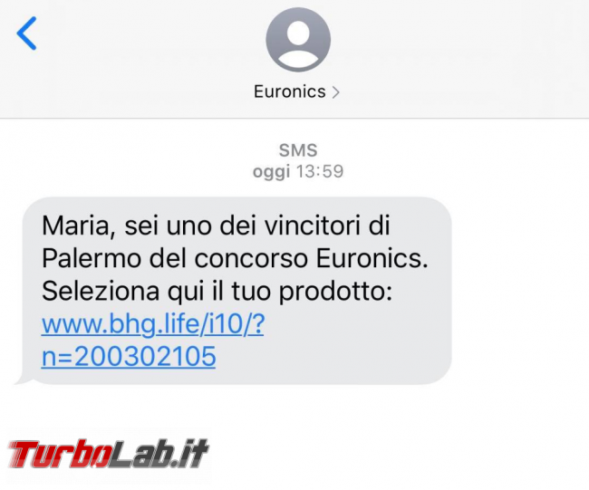 Sei vincitori concorso/lotteria Euronics: SMS truffa bhg.life bhb.life - FrShot_1592629350