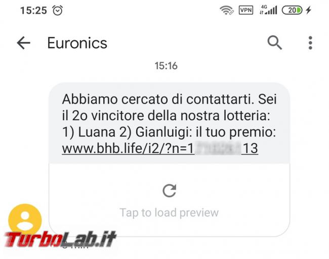 Sei vincitori concorso/lotteria Euronics: SMS truffa bhg.life bhb.life - Screenshot_2020-07-09-15-25-10-050_com.google.android.apps.messaging