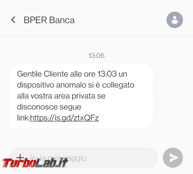 SMS truffa Banca BPER: dispositivo anomalo si è collegato area privata - messaggio truffa bper