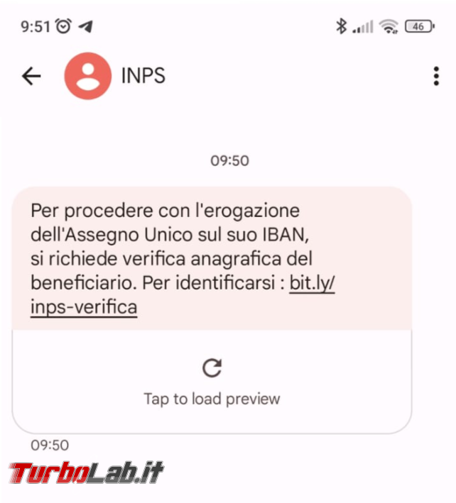 Sms Truffa INPS: Erogazione Assegno Unico IBAN verifica anagrafica beneficiario