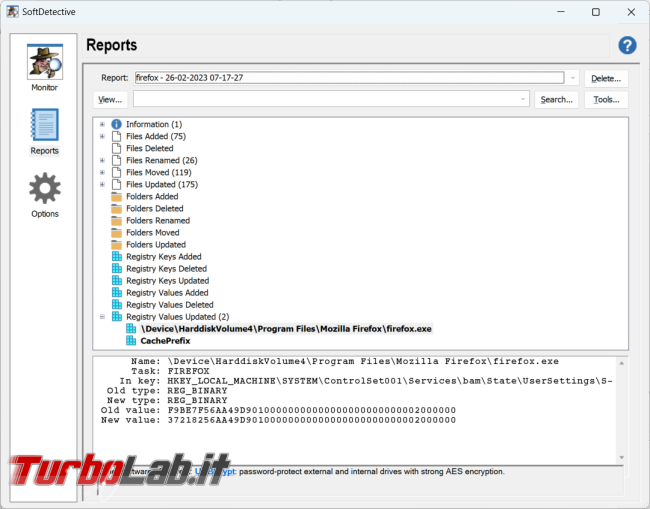 Softdetective tiene sotto controllo modifiche fatte file, cartelle registro configurazione altro programma