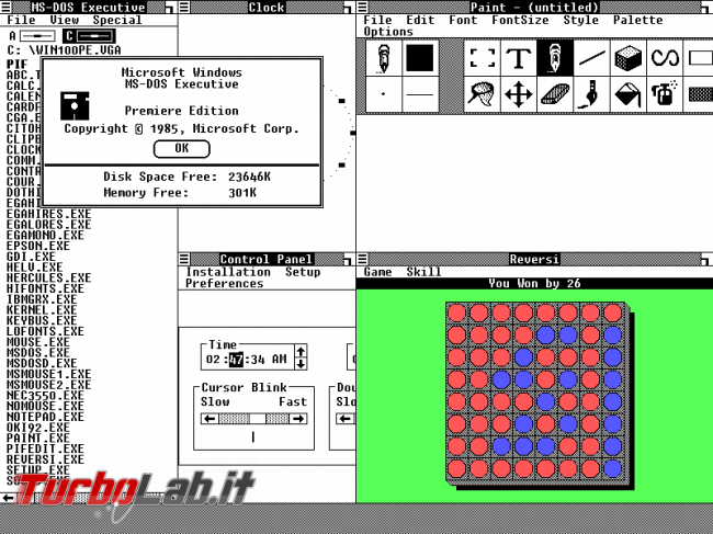 storia Windows, anno 1985: Windows 1.0 - Microsoft windows 1.0 premiere edition