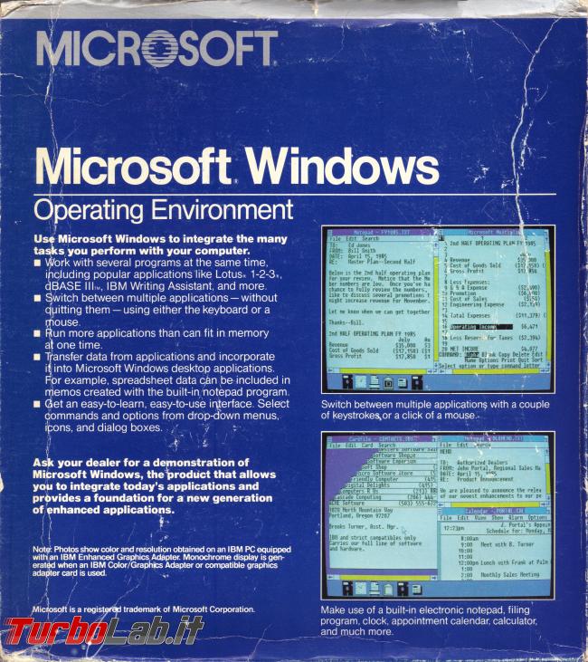 storia Windows, anno 1985: Windows 1.0 - windows 1.0 box back