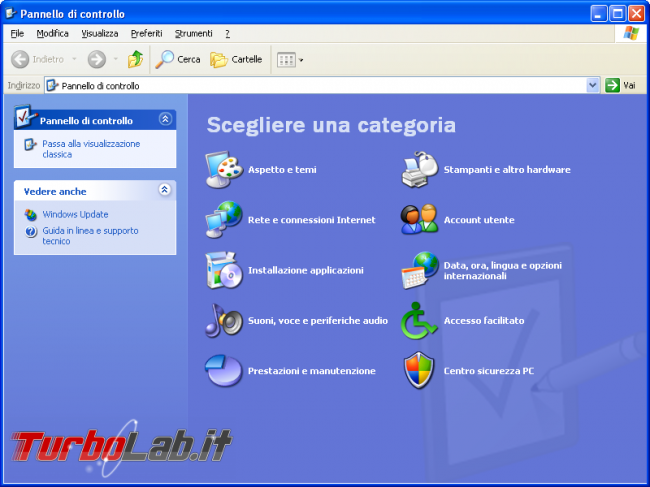 storia Windows, anno 2001: Windows XP - windows xp pannello di controllo visualizzazione per categorie