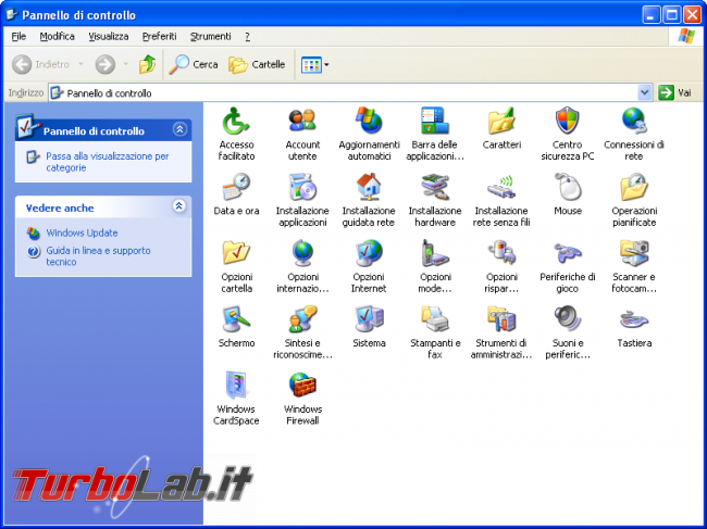 storia Windows, anno 2001: Windows XP - windows xp pannello di controllo visualizzazione classico