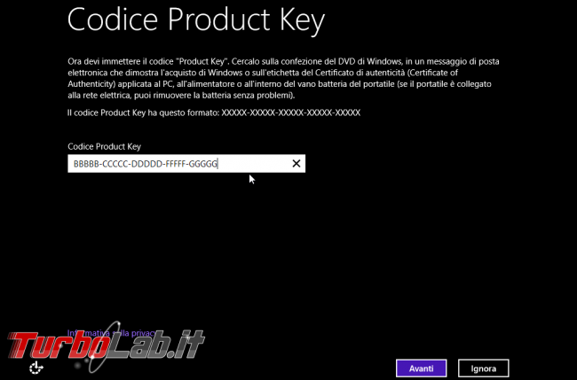 storia Windows, anno 2012: Windows 8 - WinSetup product key