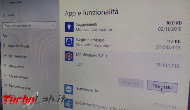 TAP Windows Adapter V9: cosa è? virus? Come eliminare, disinstallare, rimuovere PC Windows 10? - appe e funzionalità disinstalla software