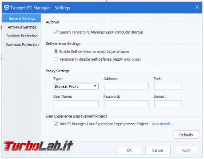 Tencent PC Manager l’antivirus cinese
 prova TurboLab.it