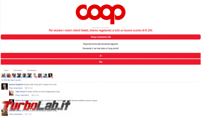 Tutti coloro condividono questo link riceveranno buono Coop 250 € solo oggi: non cadete tranello! - screenshot truffa coop
