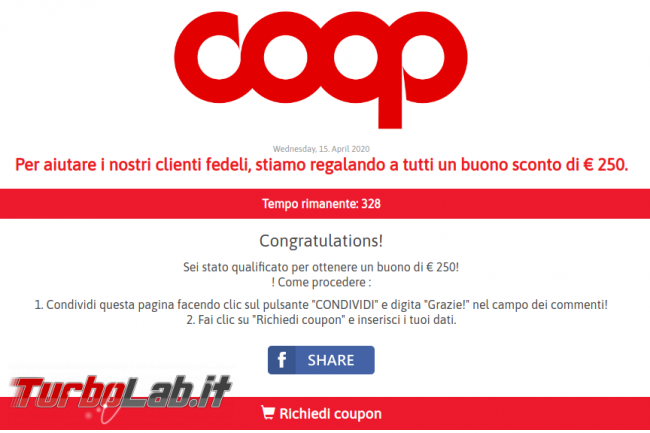 Tutti coloro condividono questo link riceveranno buono Coop 250 € solo oggi: non cadete tranello! - screenshot truffa coop 2