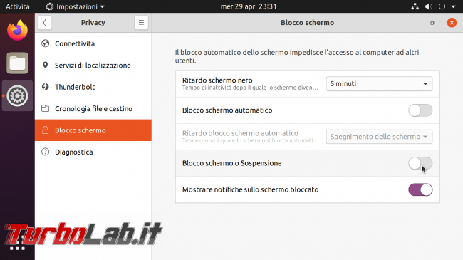 Ubuntu 20.04: come disattivare blocco automatico dopo 5 minuti richiesta password