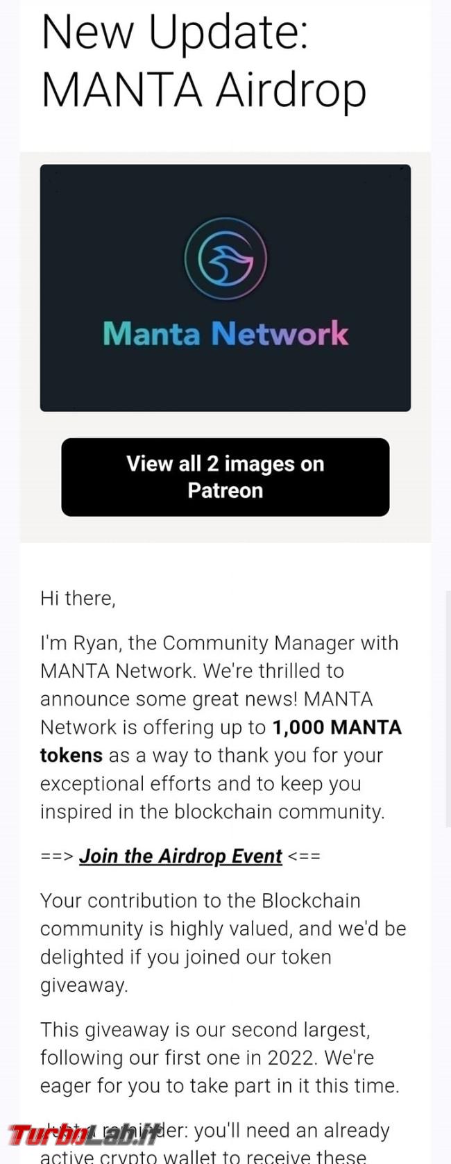 [Update: Patreon si scusa] Email Manta Network via Patreon: attento, è truffa, non airdrop! - manta-network-patreon