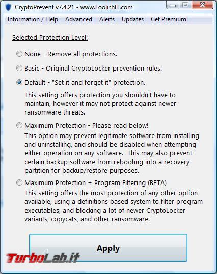 Utenza limitata CryptoPrevent possono limitare l’infezione virus CryptoLocker