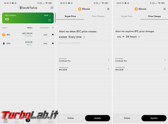 Valore Bitcoin aggiornato app ricevere notifiche/avvisi variazione prezzo smartphone Android - blockfolio price alert